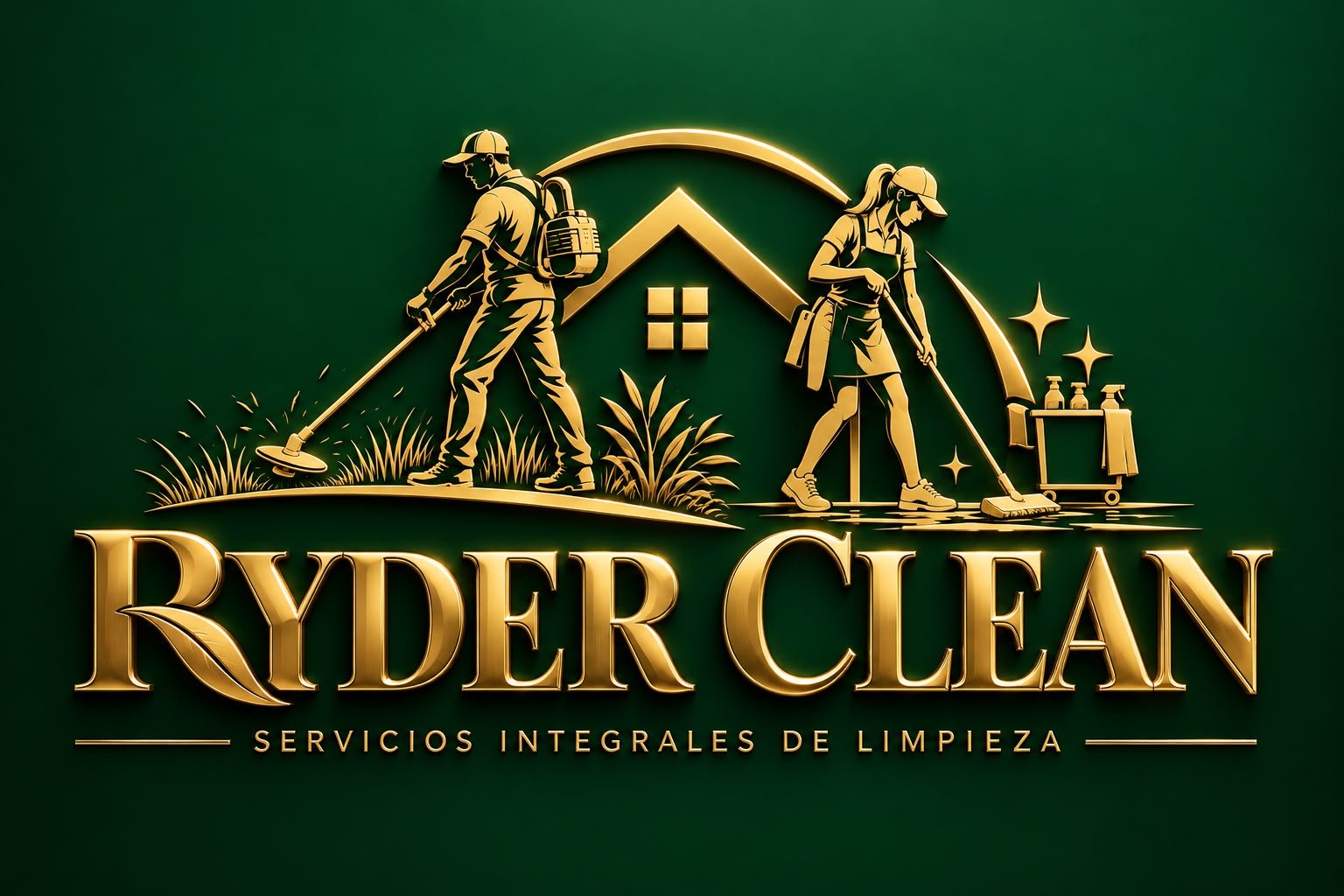 Ryder Clean: emblema dorado con personal de limpieza y jardinería sobre fondo verde